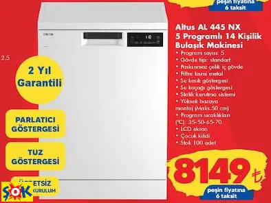 ALTUS AL 445 NX 5 PROGRAMLI 14 KİŞİLİK BULAŞIK MAKİNESİ
